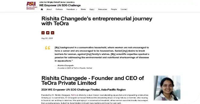 Dr. Changede's initiatives with Teora were recognized for aligning with multiple UN sustainable Development Goals, focusing on sustainable aquaculture and community empowerment.